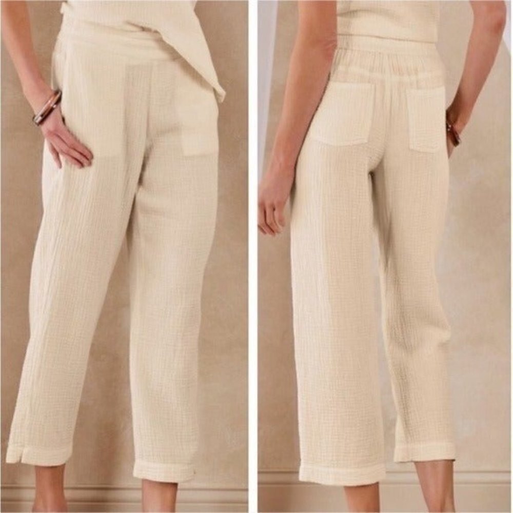SOFT SURROUNDINGS Beach Bound Pull On Gauzey Crop Pants Ecru Size L NEW